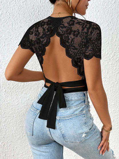 Lace Backless Round Neck Bodysuit - Siennasass