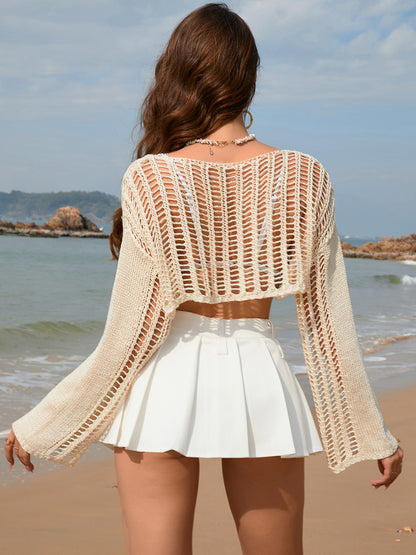 Openwork Boat Neck Long Sleeve Cover-Up - Siennasass