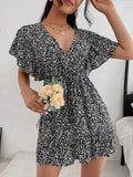Cutout Ditsy Floral Surplice Flounce Sleeve Dress - Siennasass