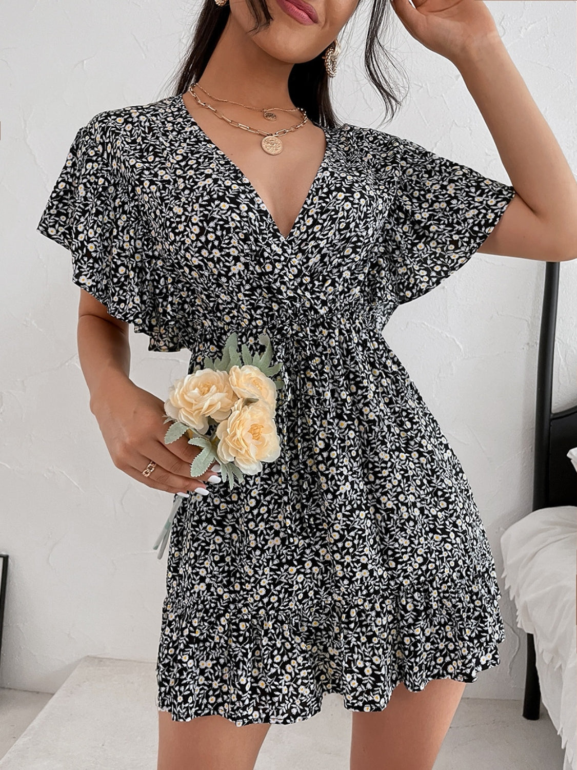 Cutout Ditsy Floral Surplice Flounce Sleeve Dress - Siennasass