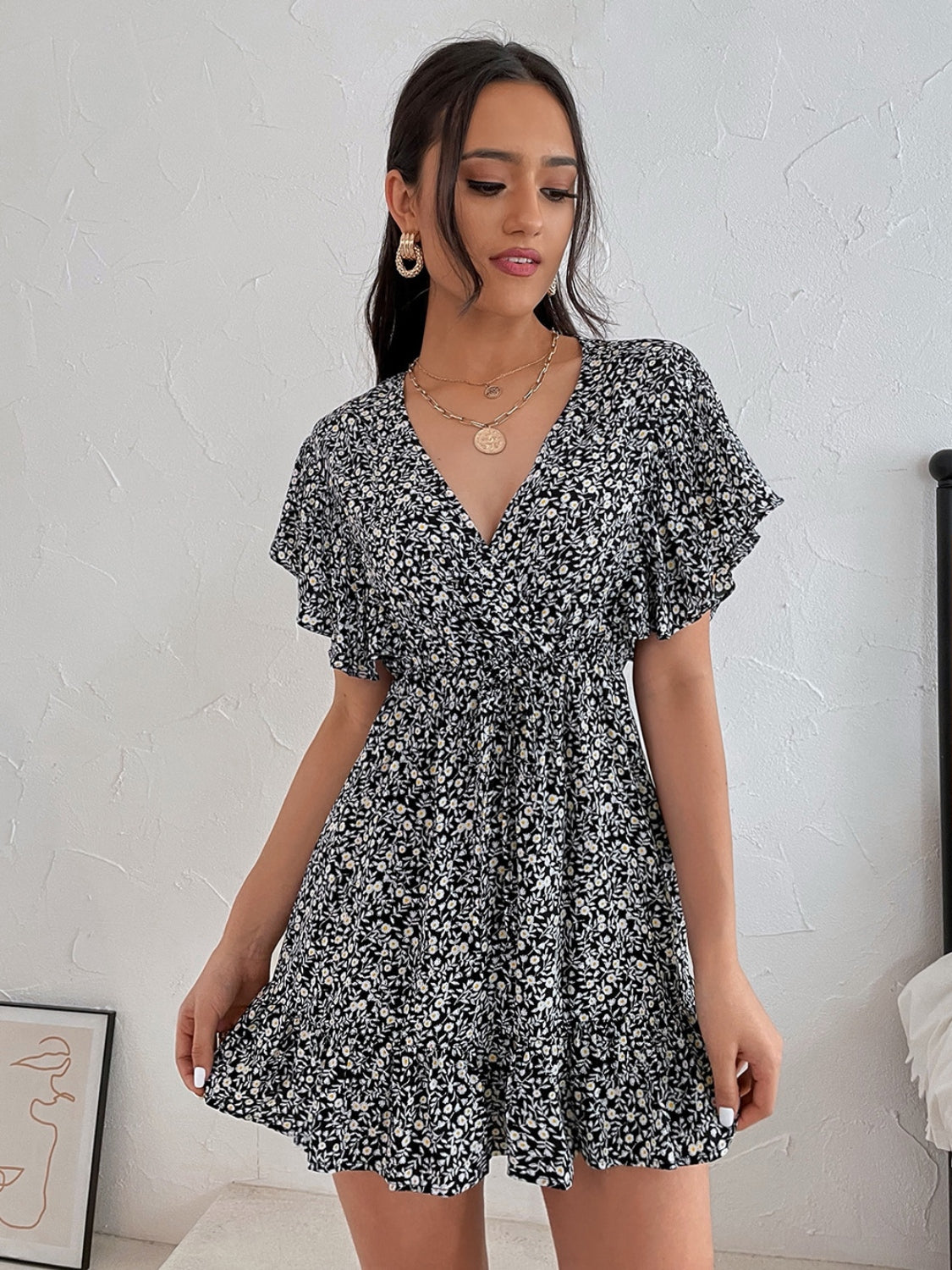 Cutout Ditsy Floral Surplice Flounce Sleeve Dress - Siennasass