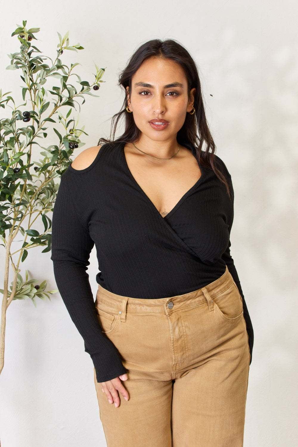 Culture Code Full Size Ribbed Surplice Cold Shoulder Top - Siennasass