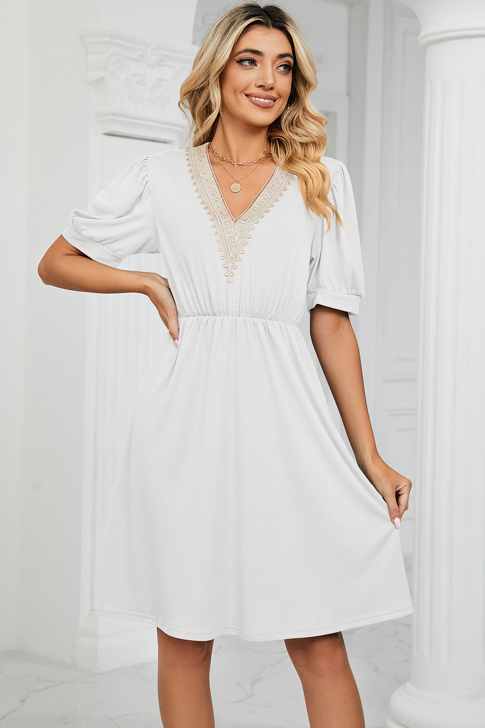 V-Neck Puff Sleeve Dress - Siennasass