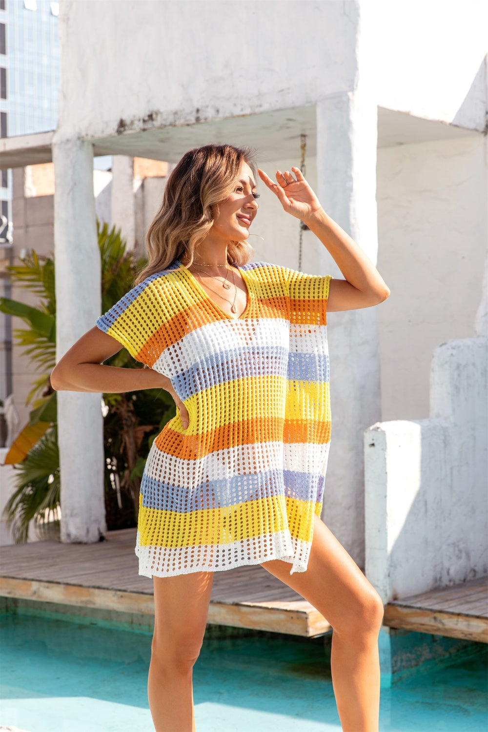 Openwork Striped V-Neck Short Sleeve Cover Up - Siennasass