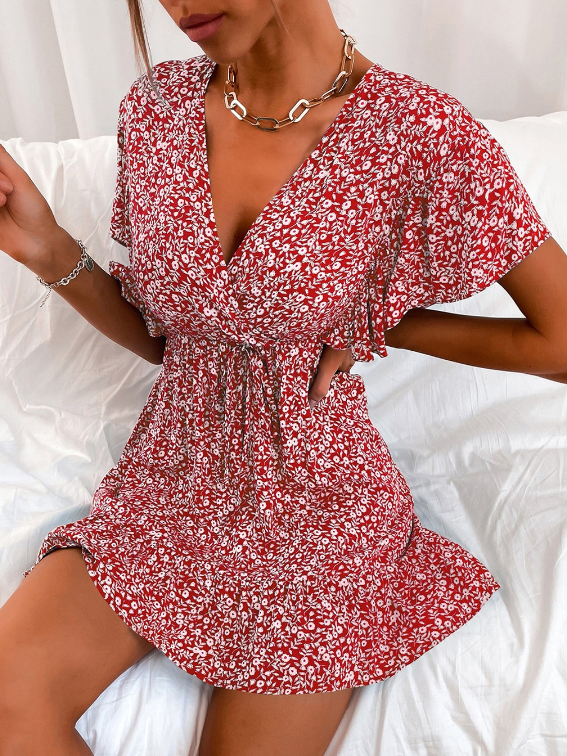 Cutout Ditsy Floral Surplice Flounce Sleeve Dress - Siennasass