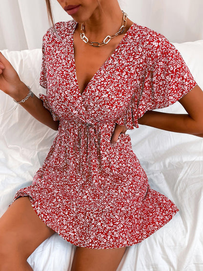 Cutout Ditsy Floral Surplice Flounce Sleeve Dress - Siennasass