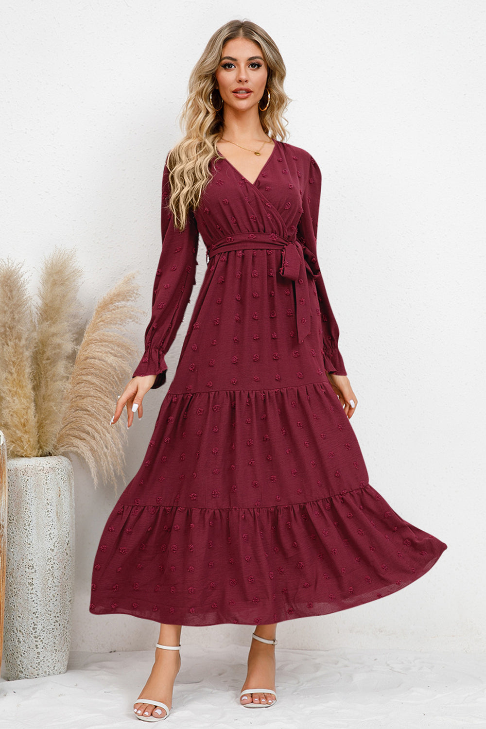 Swiss Dot Tied Surplice Flounce Sleeve Dress - Siennasass