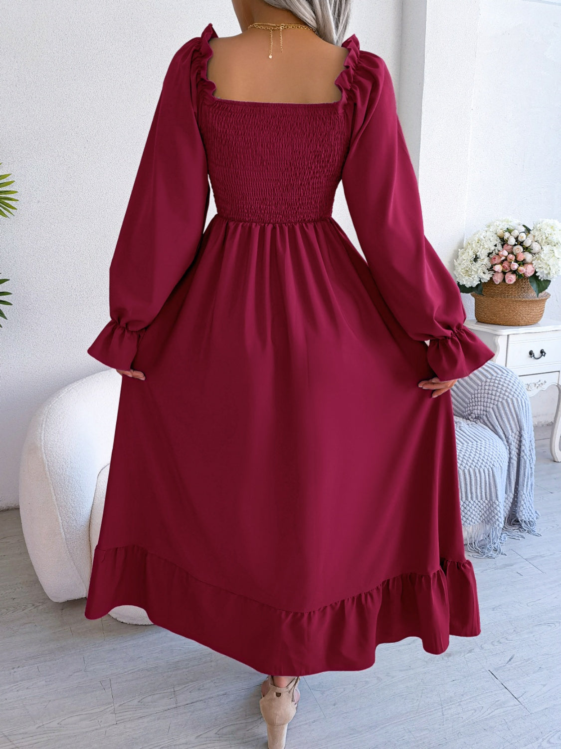 Smocked Square Neck Flounce Sleeve Dress - Siennasass