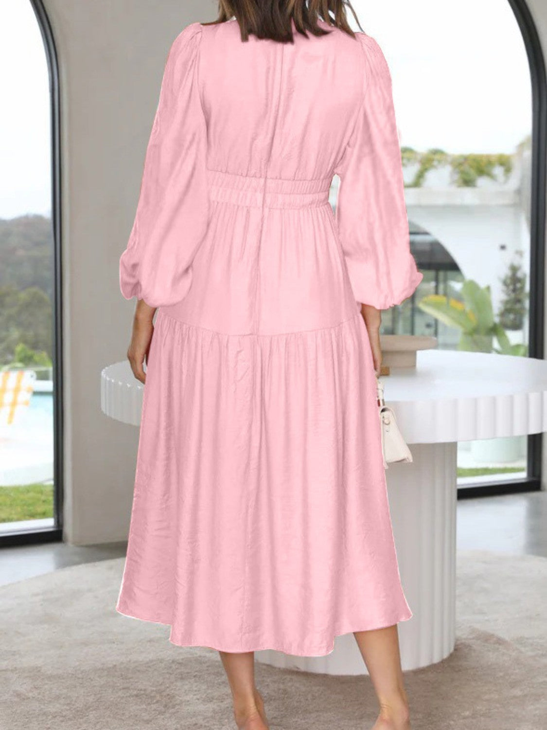 Deep V-Neck Balloon Sleeve Plain Maxi Dress - Siennasass