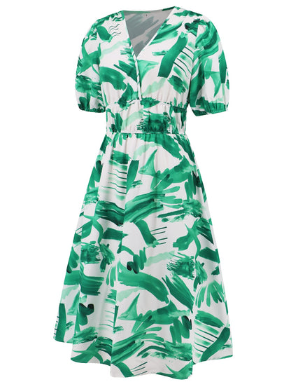 Ruched Printed Surplice Short Sleeve Dress - Siennasass