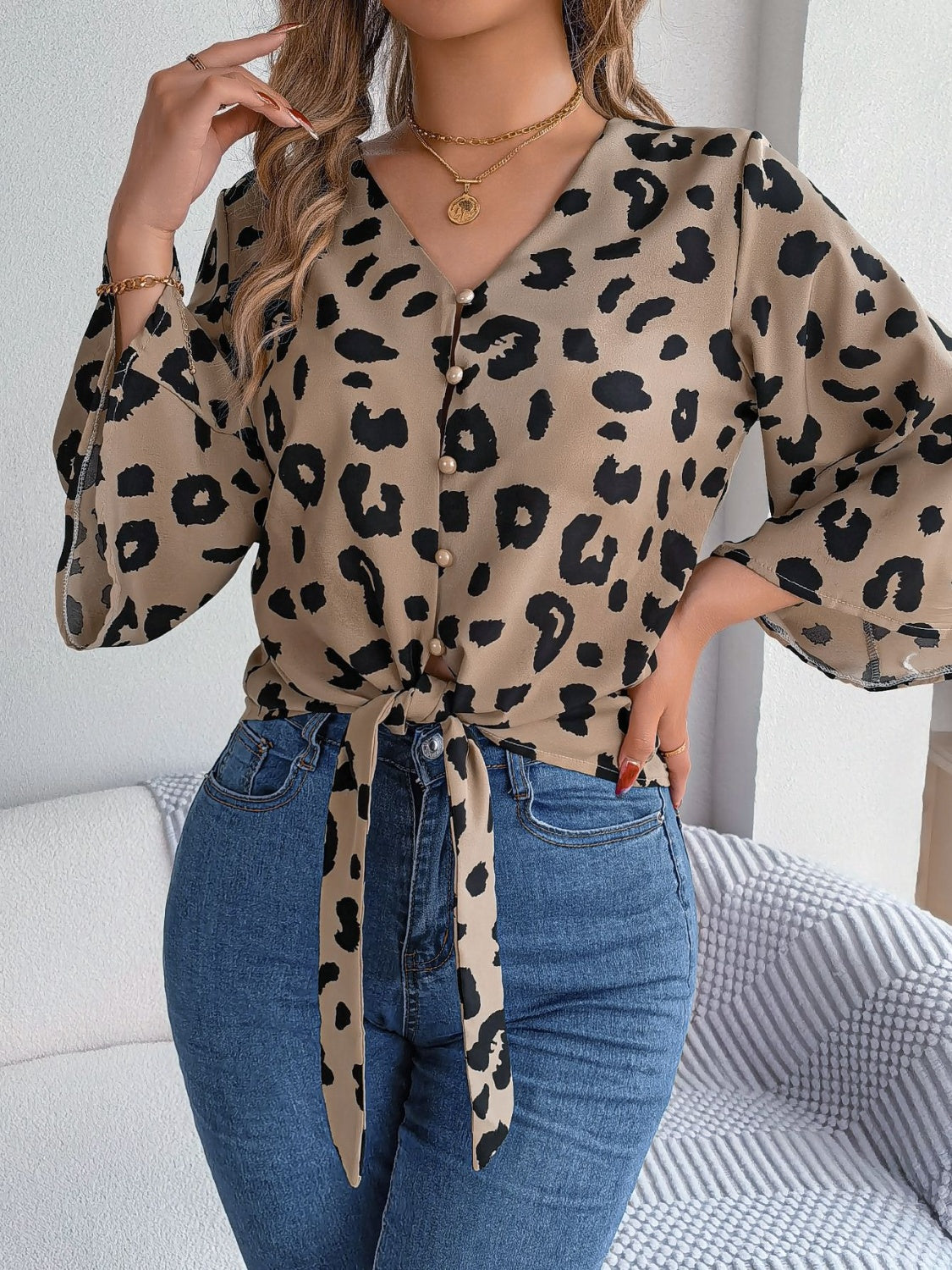 Tied Button Up Leopard V-Neck Blouse - Siennasass